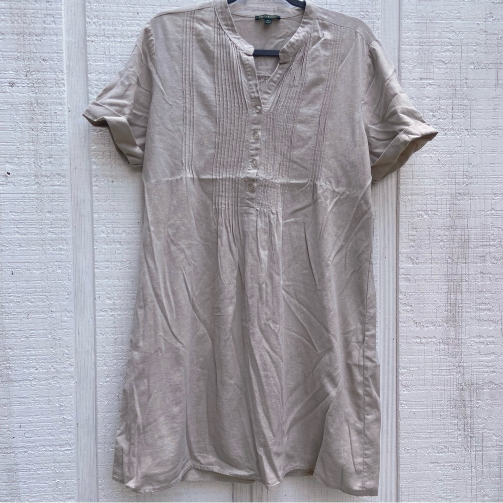For Cynthia Linen Dress Tan Short Sleeve Babydoll Shirtdress Aline Size Medium